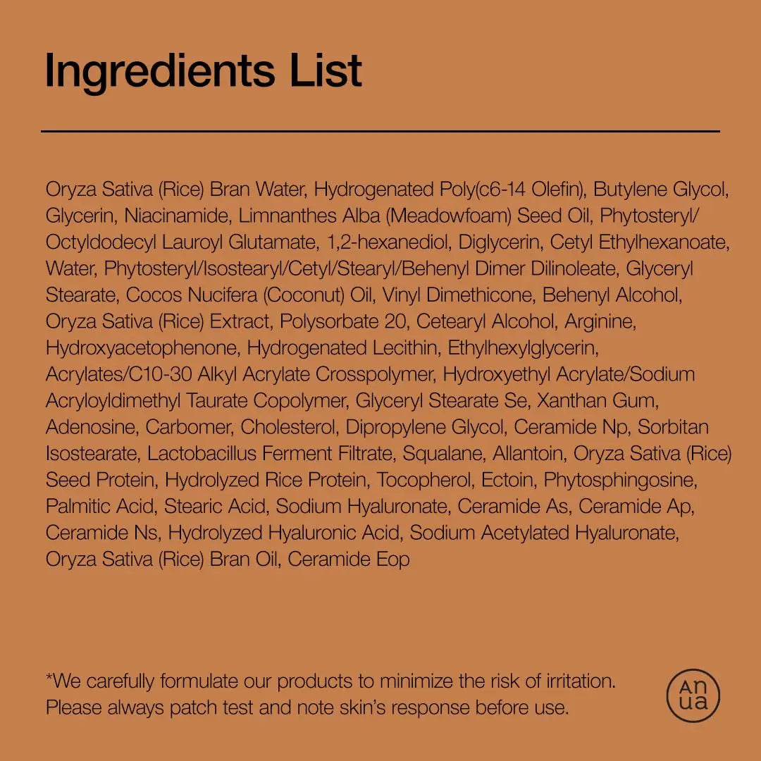 List of ingredients for Anua Rice 70 Intensive Moisturizing Milk 50ml including rice bran water, niacinamide, meadowfoam seed oil, coconut oil, ceramides, hyaluronic acid, squalane, allantoin, tocopherol, and peptides formulated for gentle hydration and skin barrier support.