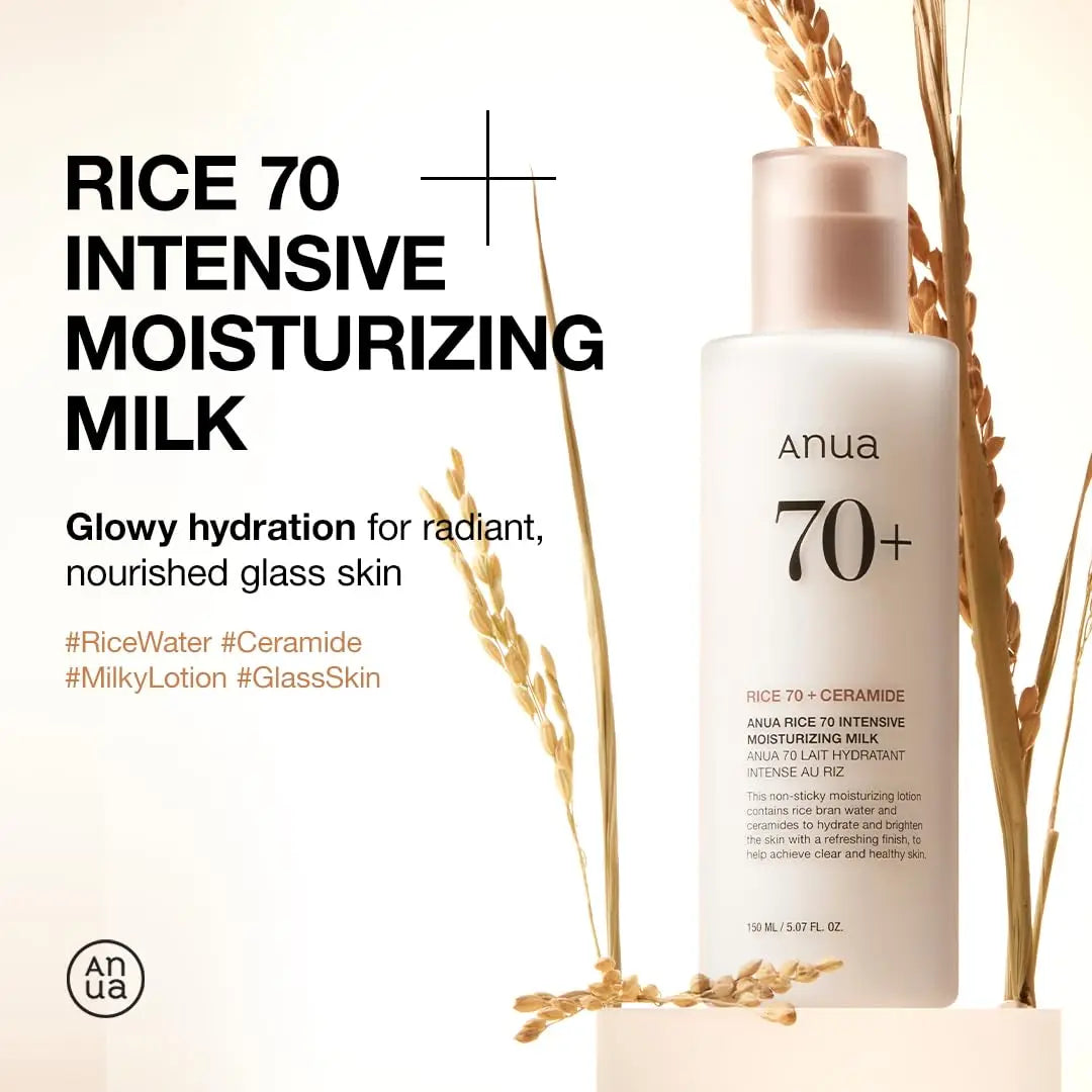 Anua Rice 70 Intensive Moisturizing Milk 50ml bottle displayed with rice stalks, highlighting its hydrating formula for radiant, nourished glass skin with ceramide and rice water.