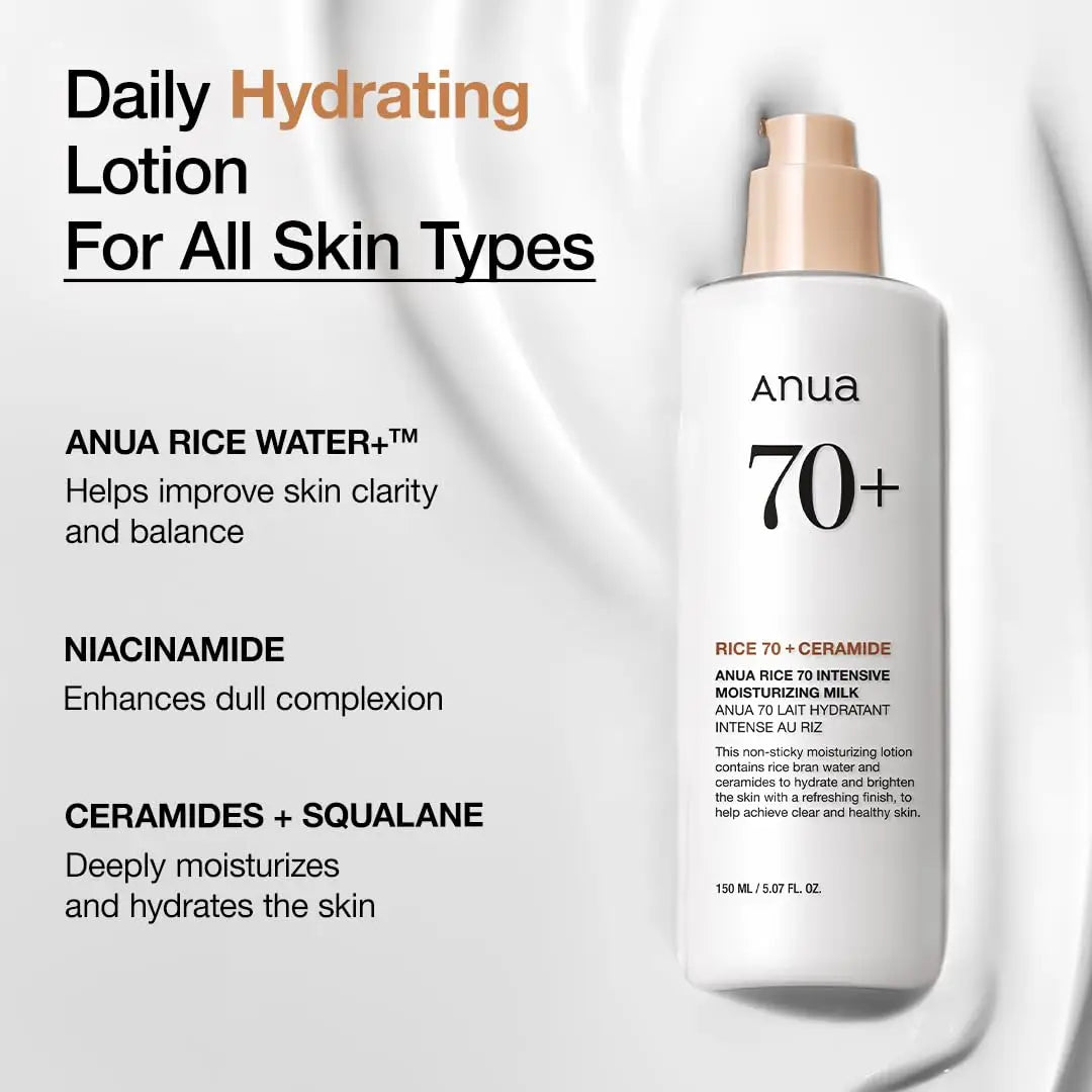 Anua Rice 70 Intensive Moisturizing Milk 50ml bottle on a white silky fabric background with text highlighting daily hydrating lotion benefits for all skin types including rice water, niacinamide, ceramides, and squalane.