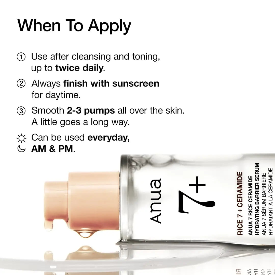 Close-up of Anua Rice Ceramide 7 Hydrating Barrier Serum 50ml bottle with lotion dripping from the pump, alongside text instructions on when and how to apply the serum for optimal skin hydration and barrier support.