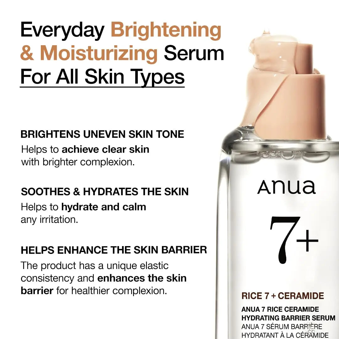 Close-up of Anua Rice Ceramide 7 Hydrating Barrier Serum 50ml bottle with beige pump dispenser next to text describing its brightening, moisturizing, soothing, and skin barrier-enhancing benefits for all skin types.