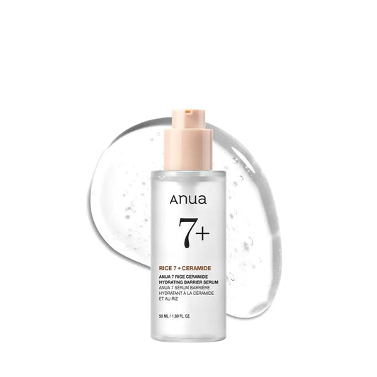 Anua Rice Ceramide 7 Hydrating Barrier Serum 50ml bottle with clear gel texture in the background, highlighting hydration and skin barrier support.