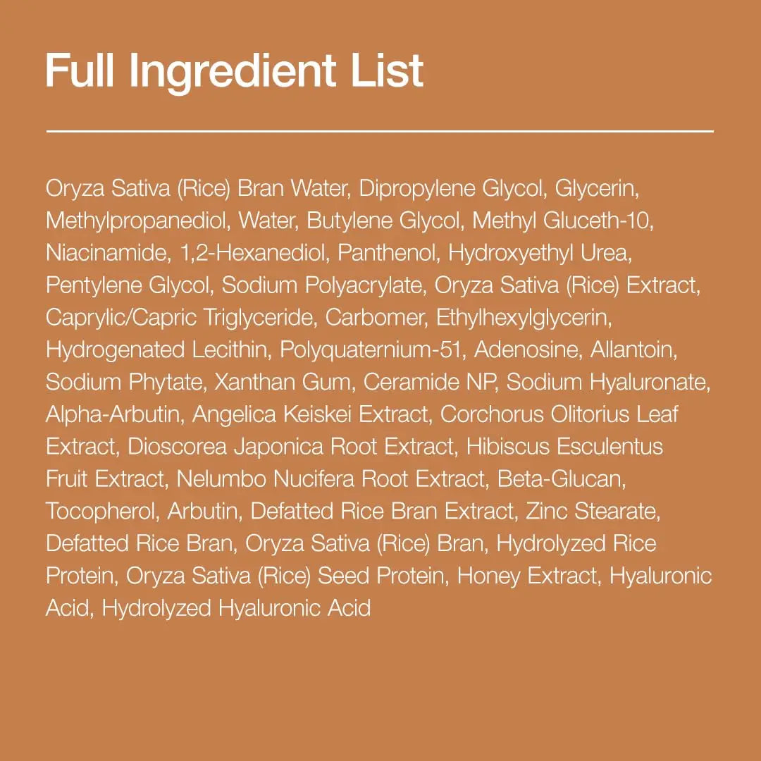 Full ingredient list of Anua Rice Ceramide 7 Hydrating Barrier Serum 50ml displayed on a brown background with white text.