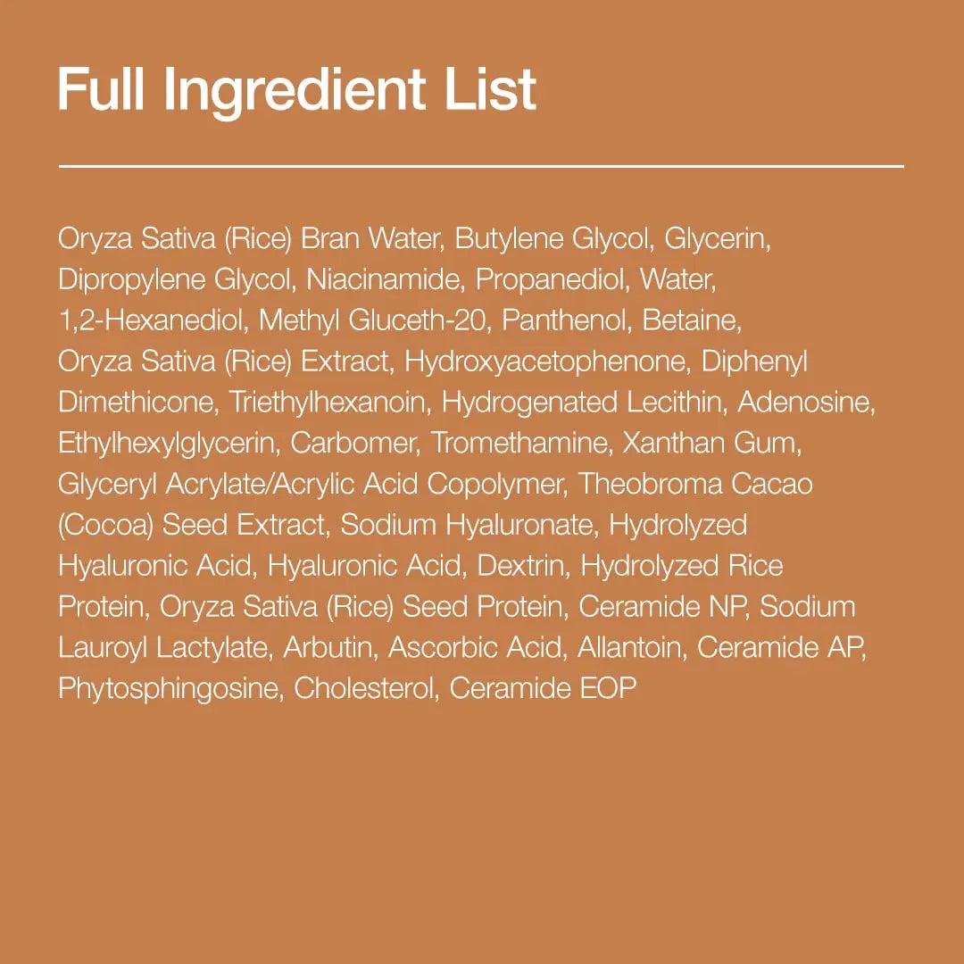 Full ingredient list of Anua Rice Ceramide 7 Hydrating Barrier Serum 50ml, including rice bran water, glycerin, niacinamide, panthenol, hyaluronic acid, ceramides, and soothing botanicals for hydrating and strengthening skin barrier.