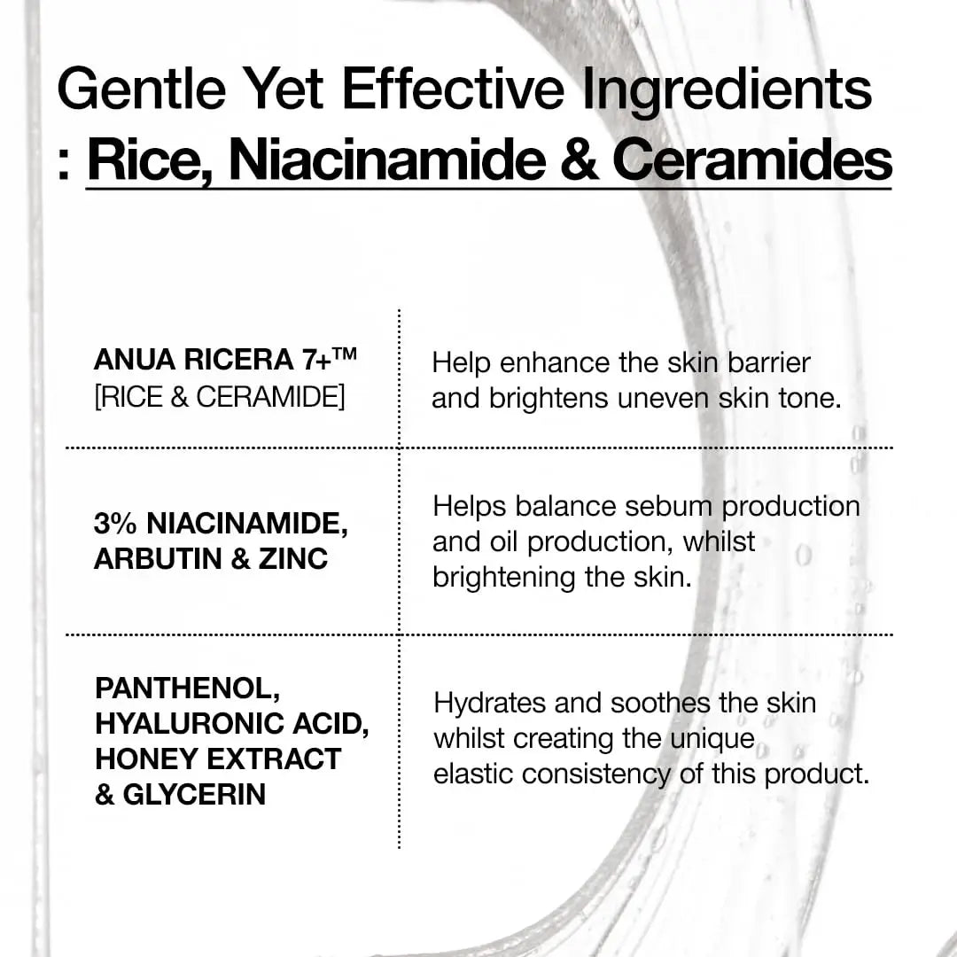 Text image detailing key ingredients and benefits of Anua Rice Ceramide 7 Hydrating Barrier Serum 50ml, highlighting rice, niacinamide, ceramides, panthenol, hyaluronic acid, honey extract, and glycerin for skin barrier enhancement, sebum balance, brightening, hydration, and soothing.