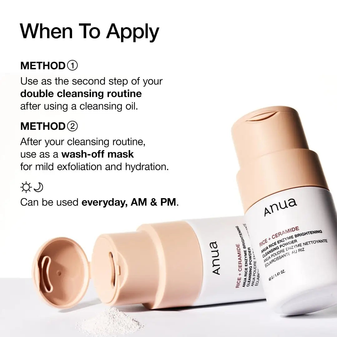 Anua Rice Enzyme Brightening Cleansing Powder 40g in sleek beige packaging with powder spilling out, shown with usage instructions for double cleansing and wash-off mask.