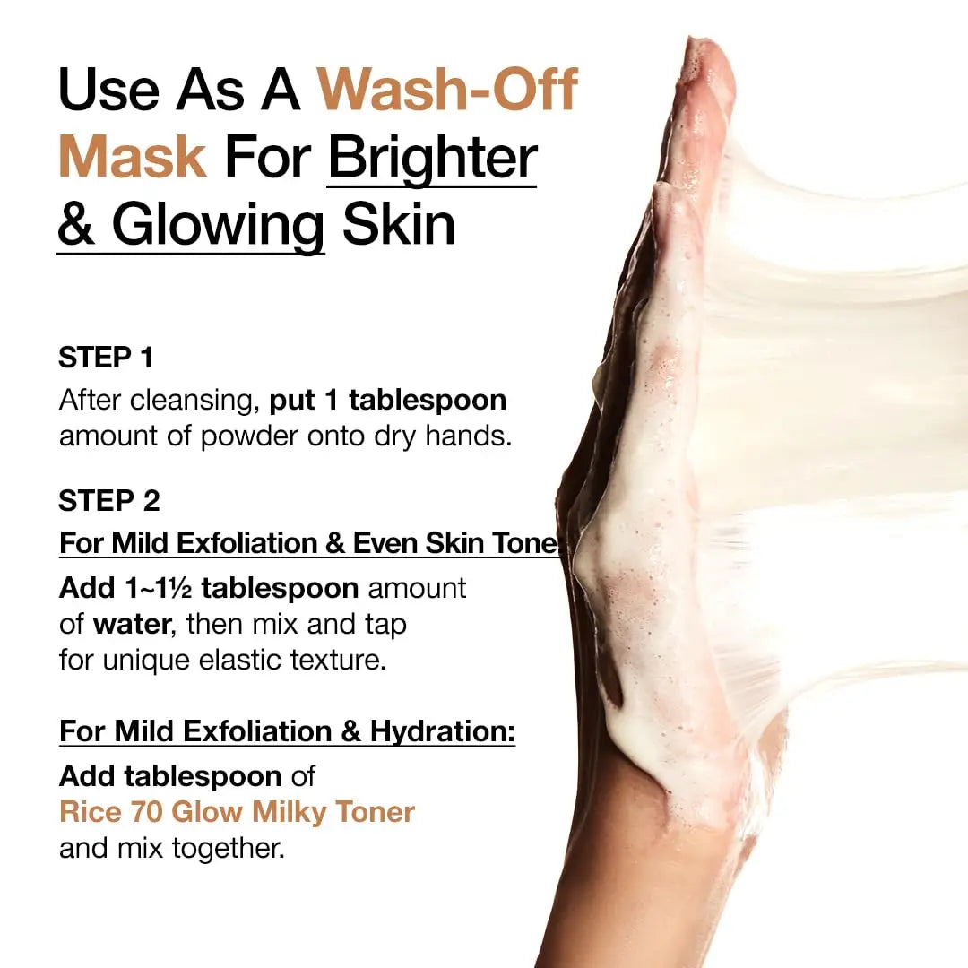 Instructions for using Anua Rice Enzyme Brightening Cleansing Powder 40g as a wash-off mask for brighter, glowing skin with steps for mild exfoliation and hydration shown with a hand holding foam.
