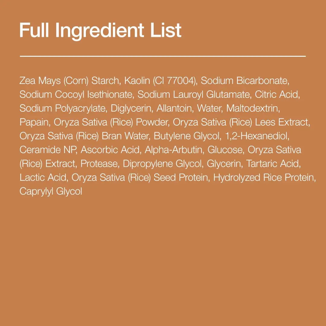 Full ingredient list of Anua Rice Enzyme Brightening Cleansing Powder 40g on a brown background including corn starch, kaolin, sodium bicarbonate, rice powder, ceramide NP, alpha-arbutin, and hydrolyzed rice protein.