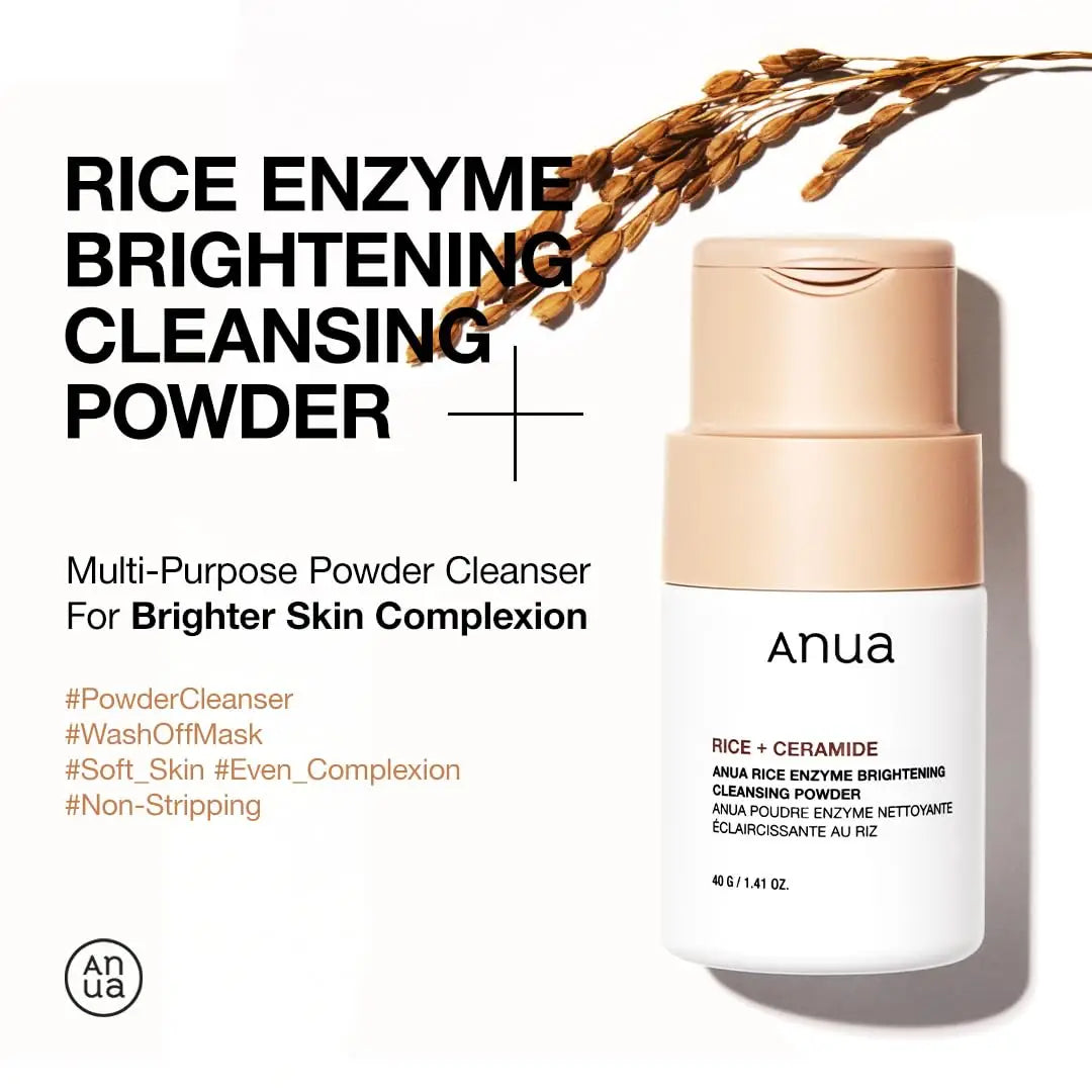 Anua Rice Enzyme Brightening Cleansing Powder 40g with rice stalks, promoting a multi-purpose powder cleanser for a brighter skin complexion.