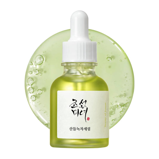 Beauty of Joseon Calming Serum Green Tea Panthenol 30ml in a green glass dropper bottle with calming green tea serum texture background, highlighting soothing skincare benefits.