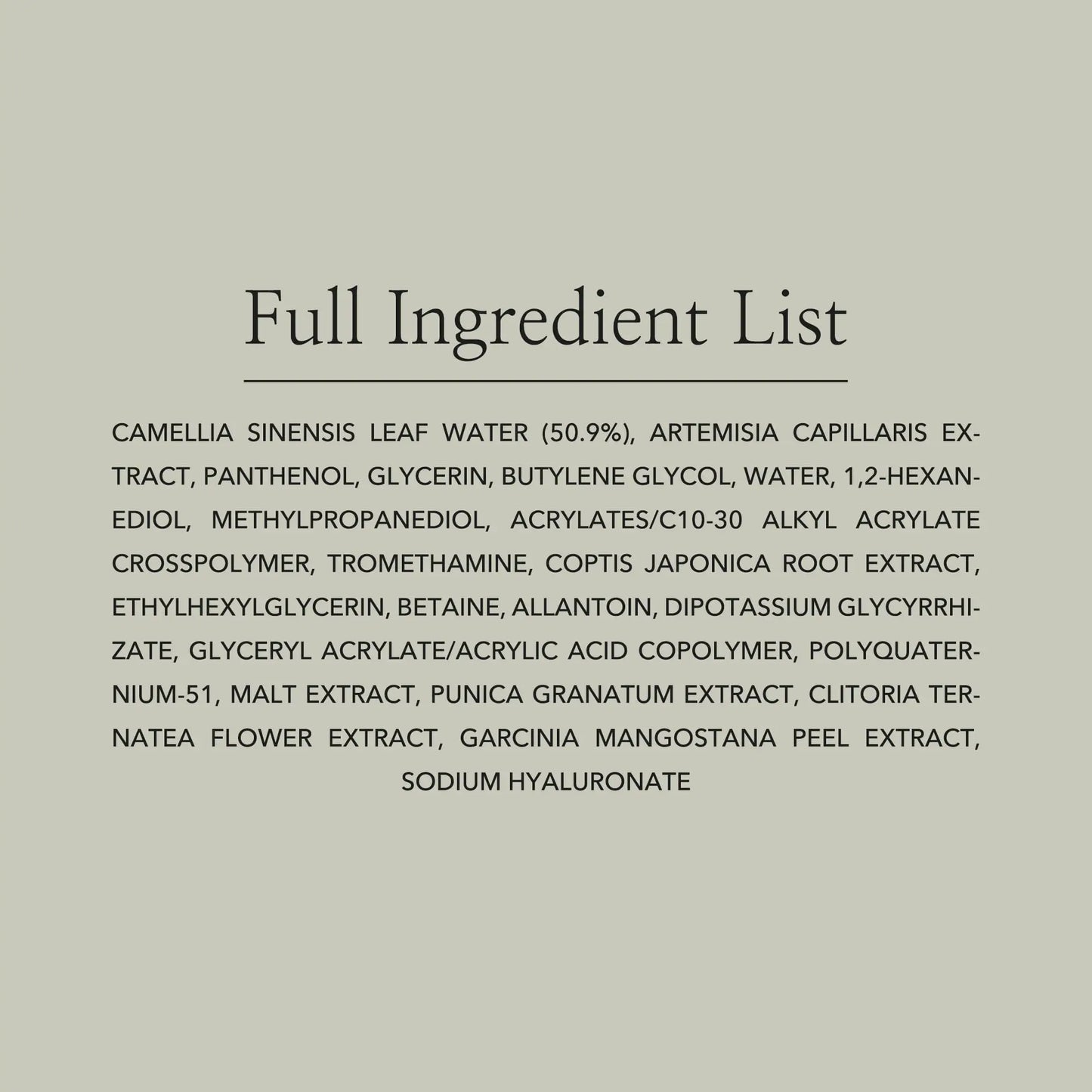 Full ingredient list for Beauty of Joseon Calming Serum Green Tea Panthenol 30ml, highlighting camellia sinensis leaf water, artemisia capillaris extract, panthenol, glycerin, malt extract, and botanical extracts for gentle soothing and hydration.