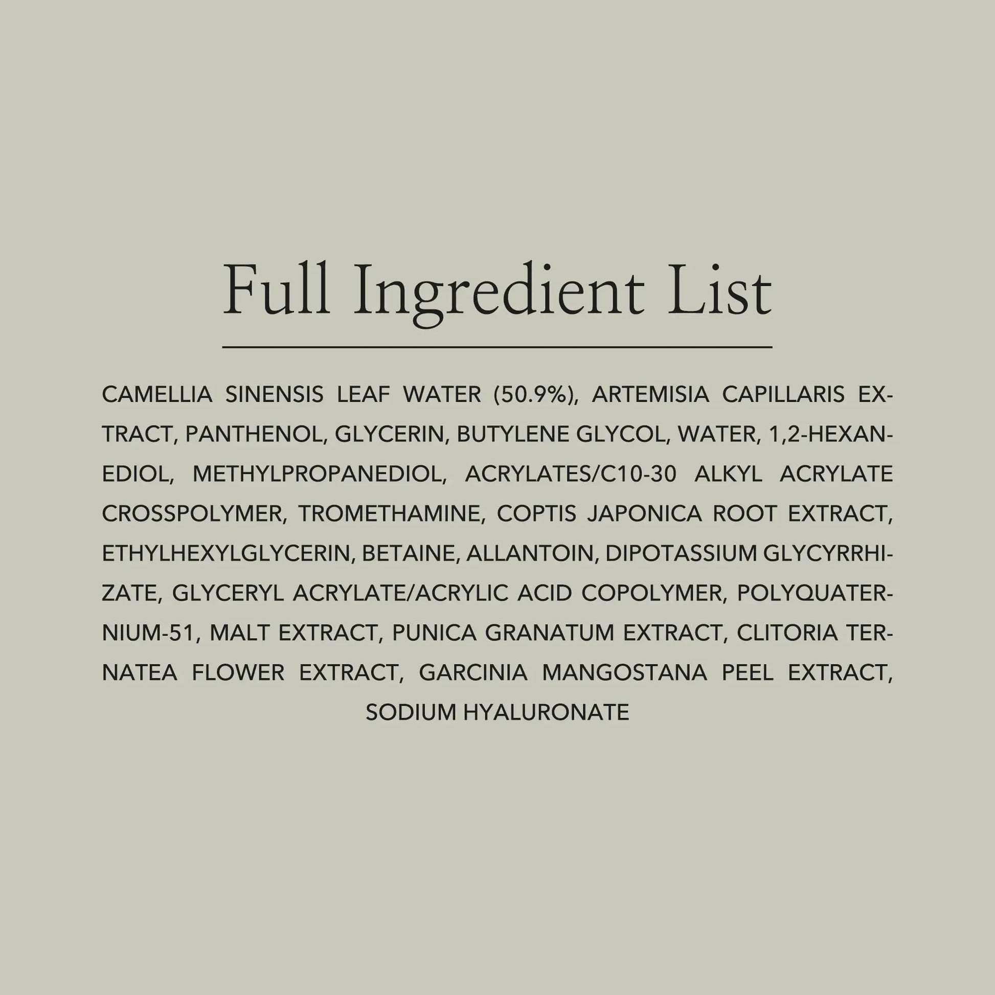 Full ingredient list for Beauty of Joseon Calming Serum Green Tea Panthenol 30ml, highlighting camellia sinensis leaf water, artemisia capillaris extract, panthenol, glycerin, malt extract, and botanical extracts for gentle soothing and hydration.