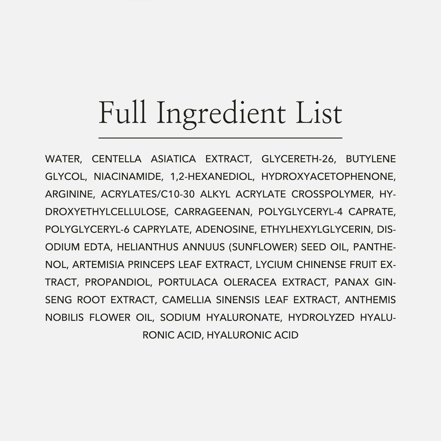 Full ingredient list for Beauty of Joseon Centella Asiatica Calming Mask displayed on a plain light background with black text including centella asiatica extract, niacinamide, sunflower seed oil, panax ginseng root extract, sodium hyaluronate, and hyaluronic acid.