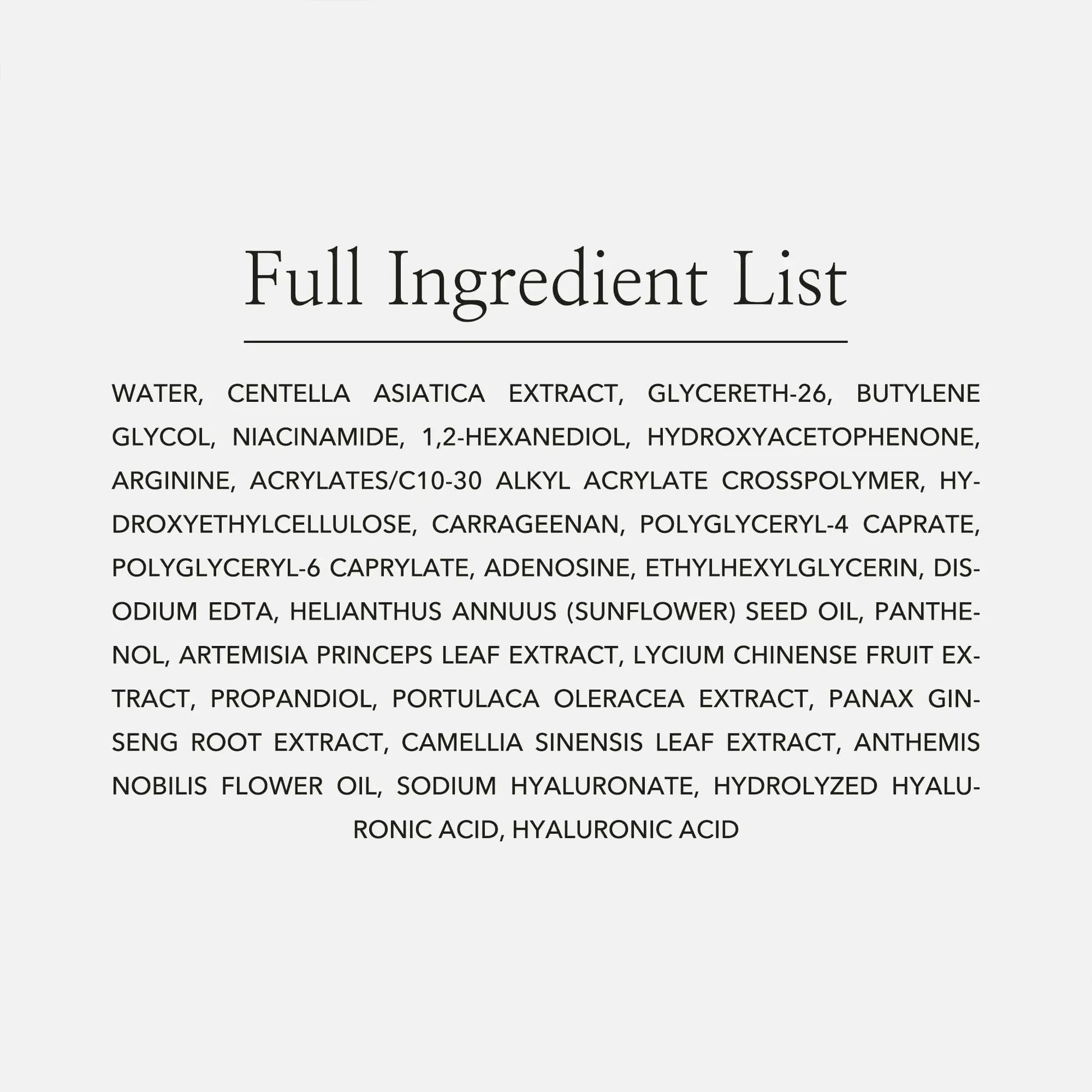 Full ingredient list for Beauty of Joseon Centella Asiatica Calming Mask displayed on a plain light background with black text including centella asiatica extract, niacinamide, sunflower seed oil, panax ginseng root extract, sodium hyaluronate, and hyaluronic acid.