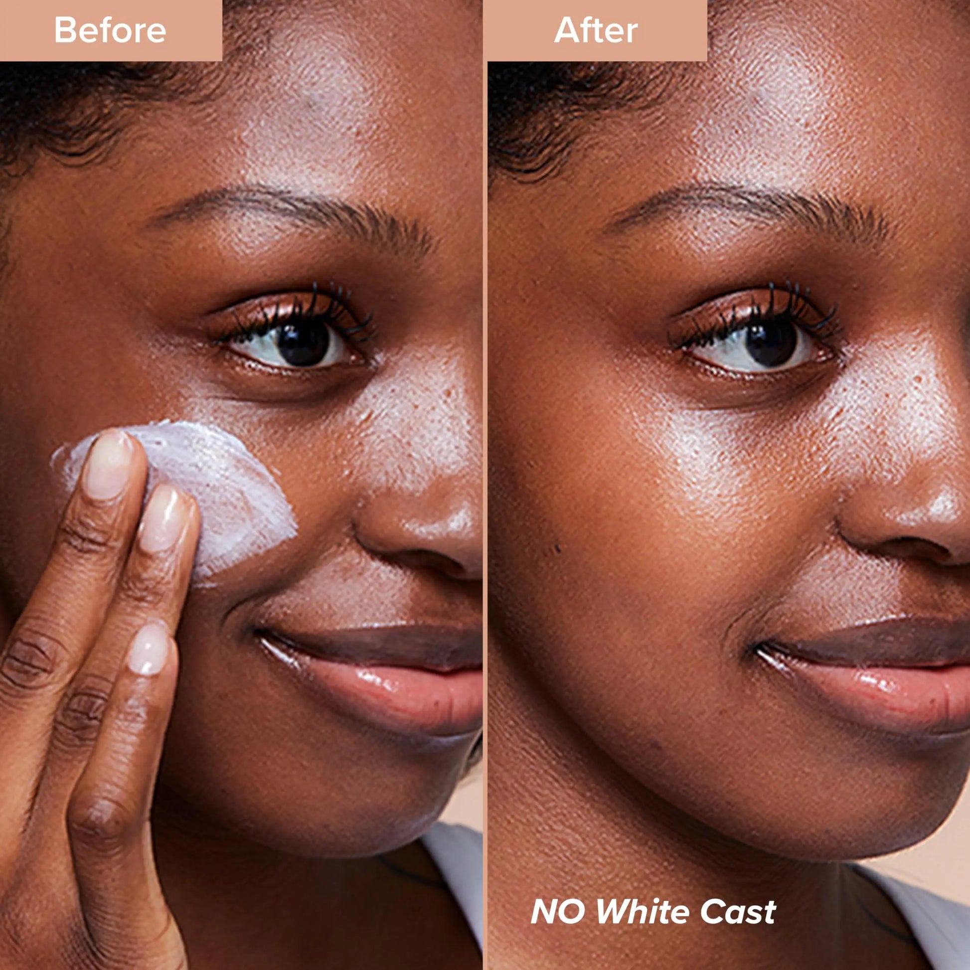 Close-up comparison of a woman applying Beauty of Joseon Daily Relief Sunscreen Broad Spectrum SPF 40 50ml, showing smooth skin with no white cast after application.