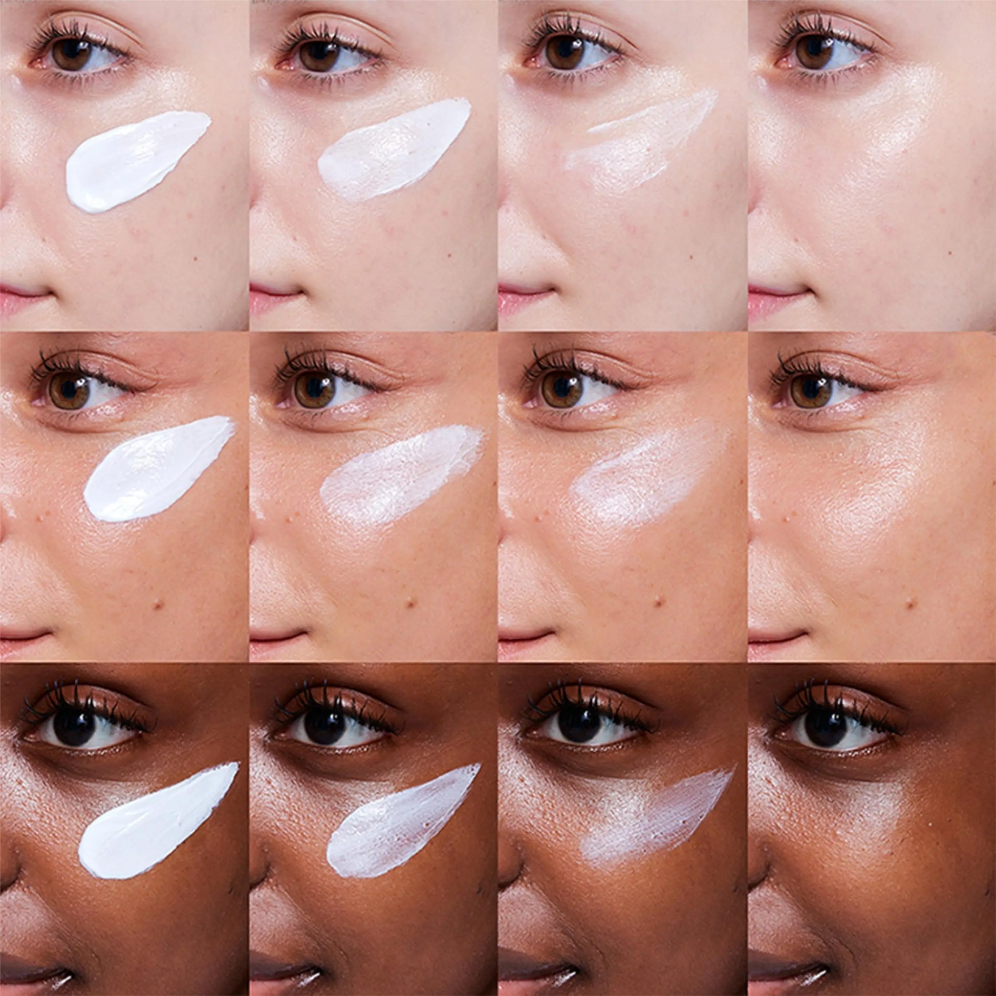 Close-up series showing application stages of Beauty of Joseon Daily Relief Sunscreen Broad Spectrum SPF 40 50ml on various skin tones, demonstrating smooth blending and radiant finish.
