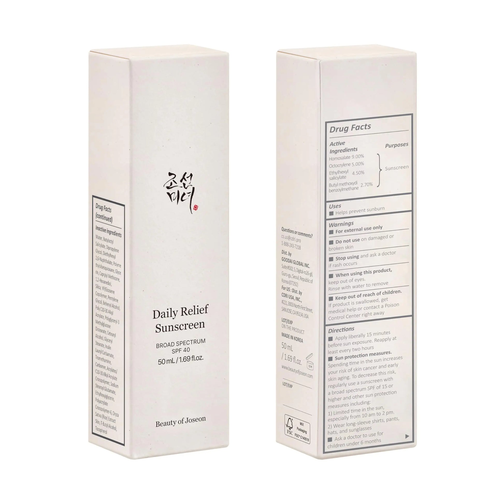 Beauty of Joseon Daily Relief Sunscreen Broad Spectrum SPF 40 50ml in white packaging showing front and back with drug facts and usage instructions for facial sun protection.