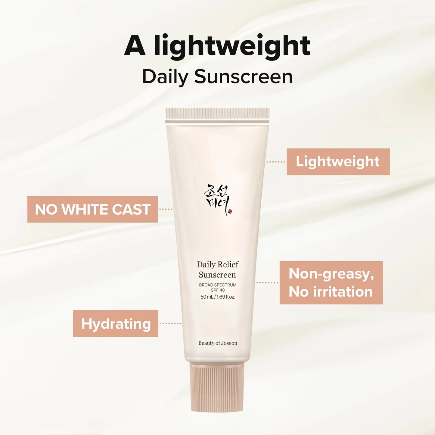 Beauty of Joseon Daily Relief Sunscreen Broad Spectrum SPF 40 50ml tube with text highlighting its lightweight, hydrating, no white cast, and non-greasy, no irritation features on a soft beige background.