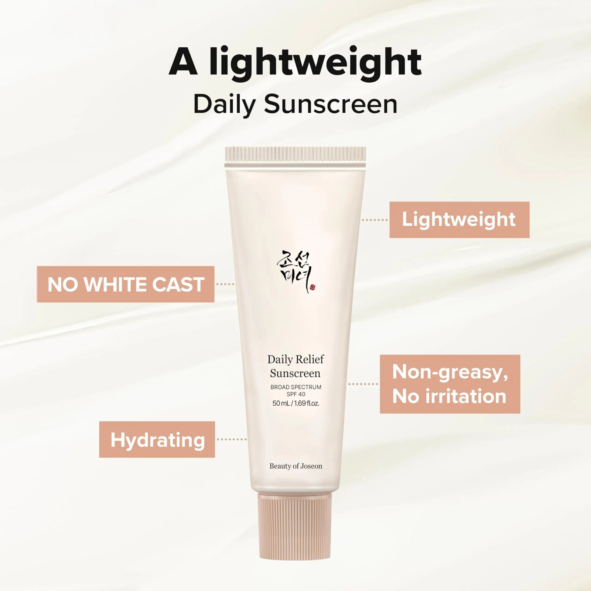 Beauty of Joseon Daily Relief Sunscreen Broad Spectrum SPF 40 50ml tube with text highlighting its lightweight, hydrating, no white cast, and non-greasy, no irritation features on a soft beige background.