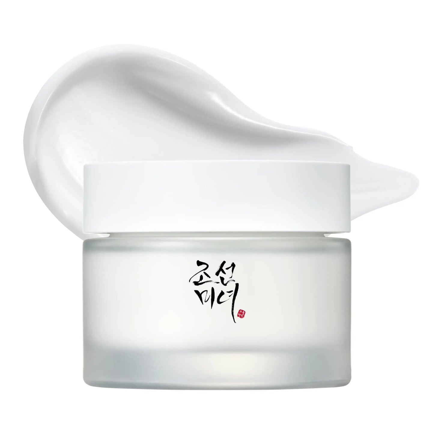 Beauty of Joseon Dynasty Cream 50ml in a frosted jar with white lid, shown with a smooth cream texture in the background, promoting hydration and skin nourishment.