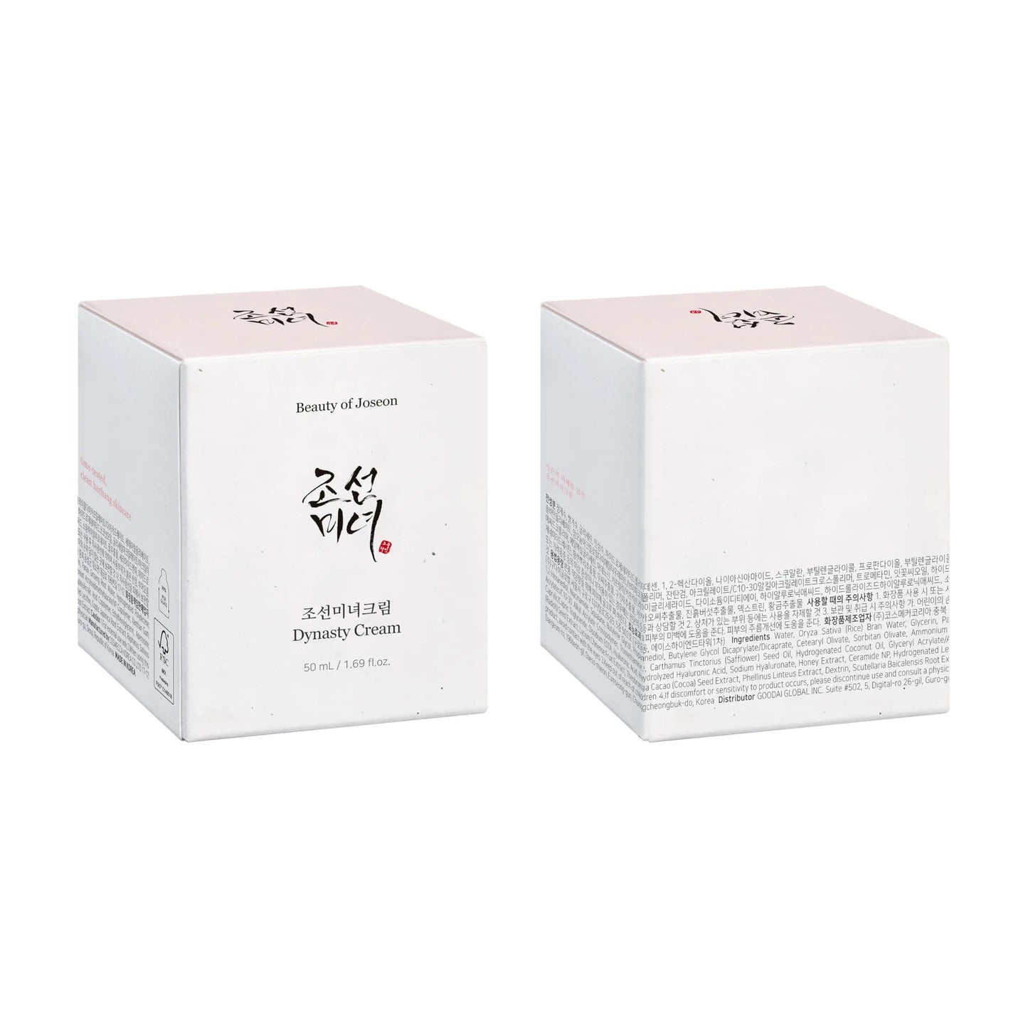 Packaging box of Beauty of Joseon Dynasty Cream 50ml shown from front and back with elegant minimalist design and Korean text on a white background.