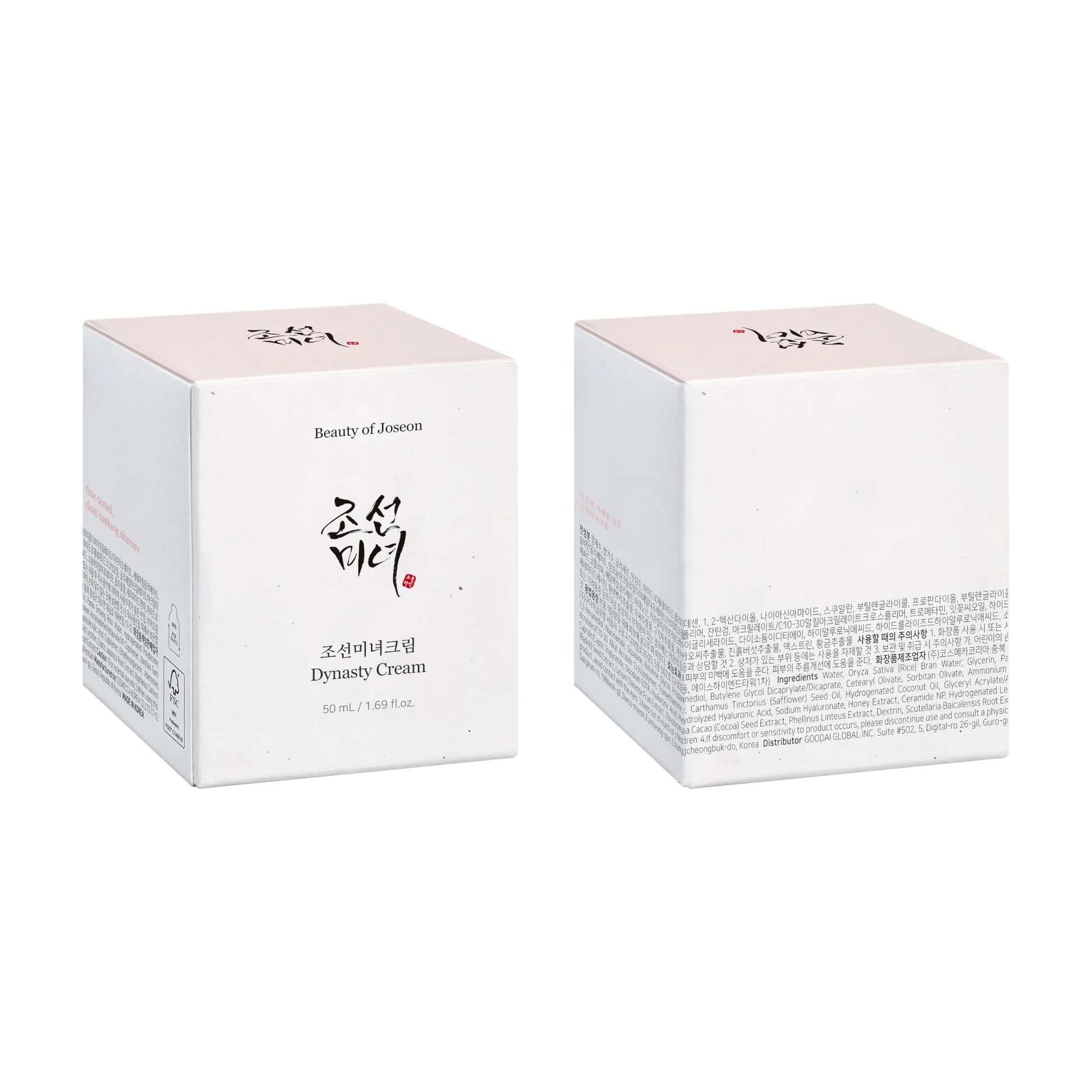 Packaging box of Beauty of Joseon Dynasty Cream 50ml shown from front and back with elegant minimalist design and Korean text on a white background.