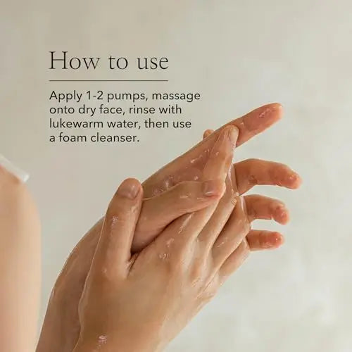 Close-up of hands gently massaging cleansing oil with foam, alongside usage instructions for Beauty of Joseon Ginseng Cleansing Oil 210ml recommending 1-2 pumps on dry face, rinse, and foam cleanser.