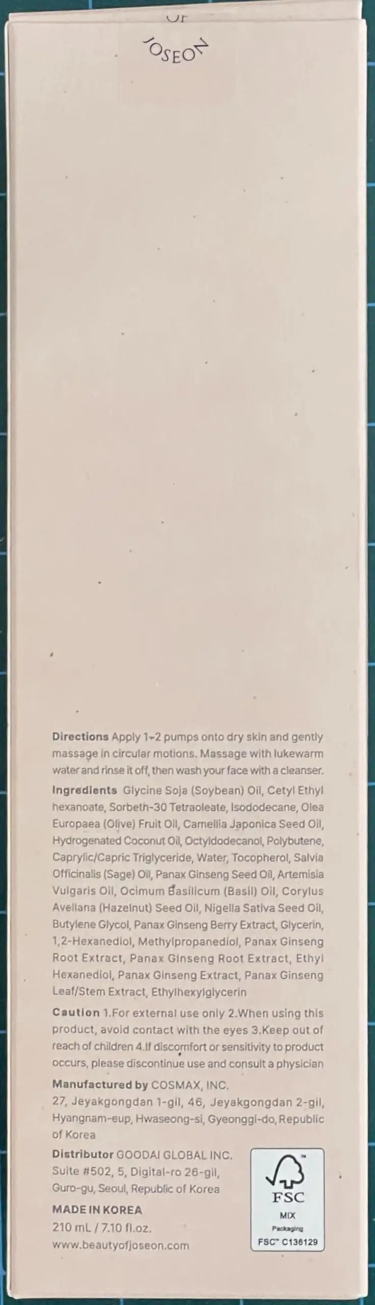 Back of packaging for Beauty of Joseon Ginseng Cleansing Oil 210ml with text detailing directions, ingredients, cautions, manufacturing, and distributor information.