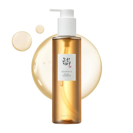 Beauty of Joseon Ginseng Cleansing Oil 210ml bottle with pump dispenser in front of translucent golden cleansing oil drops on white background.