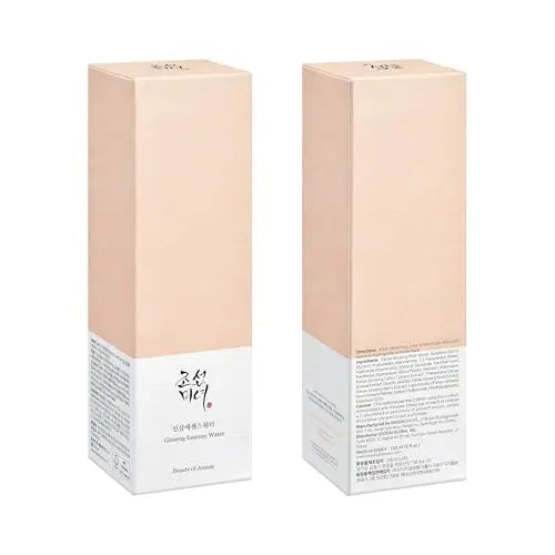 Packaging of Beauty of Joseon Ginseng Essence 150ml shown from front and back, featuring a light peach and white color design with Korean and English text.