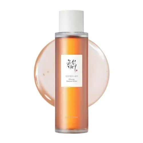 Beauty of Joseon Ginseng Essence 150ml bottle with translucent amber liquid and a white cap, shown with a background texture of the essence's clear, gel-like formula.
