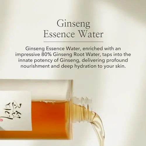 Close-up of a bottle pouring golden liquid with text describing Ginseng Essence Water enriched with 80% Ginseng Root Water for deep hydration and nourishment, emphasizing Beauty of Joseon Ginseng Essence 150ml.
