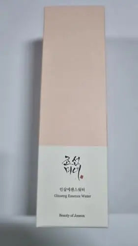 Beauty of Joseon Ginseng Essence 150ml in a tall rectangular box with soft pink and white colors and Korean calligraphy on the front, indicating ginseng essence water.
