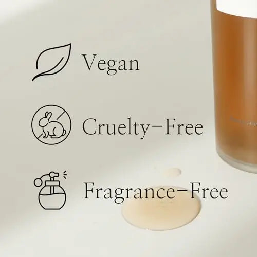 Close-up of a liquid spill next to text and icons indicating the Beauty of Joseon Ginseng Essence 150ml is vegan, cruelty-free, and fragrance-free.