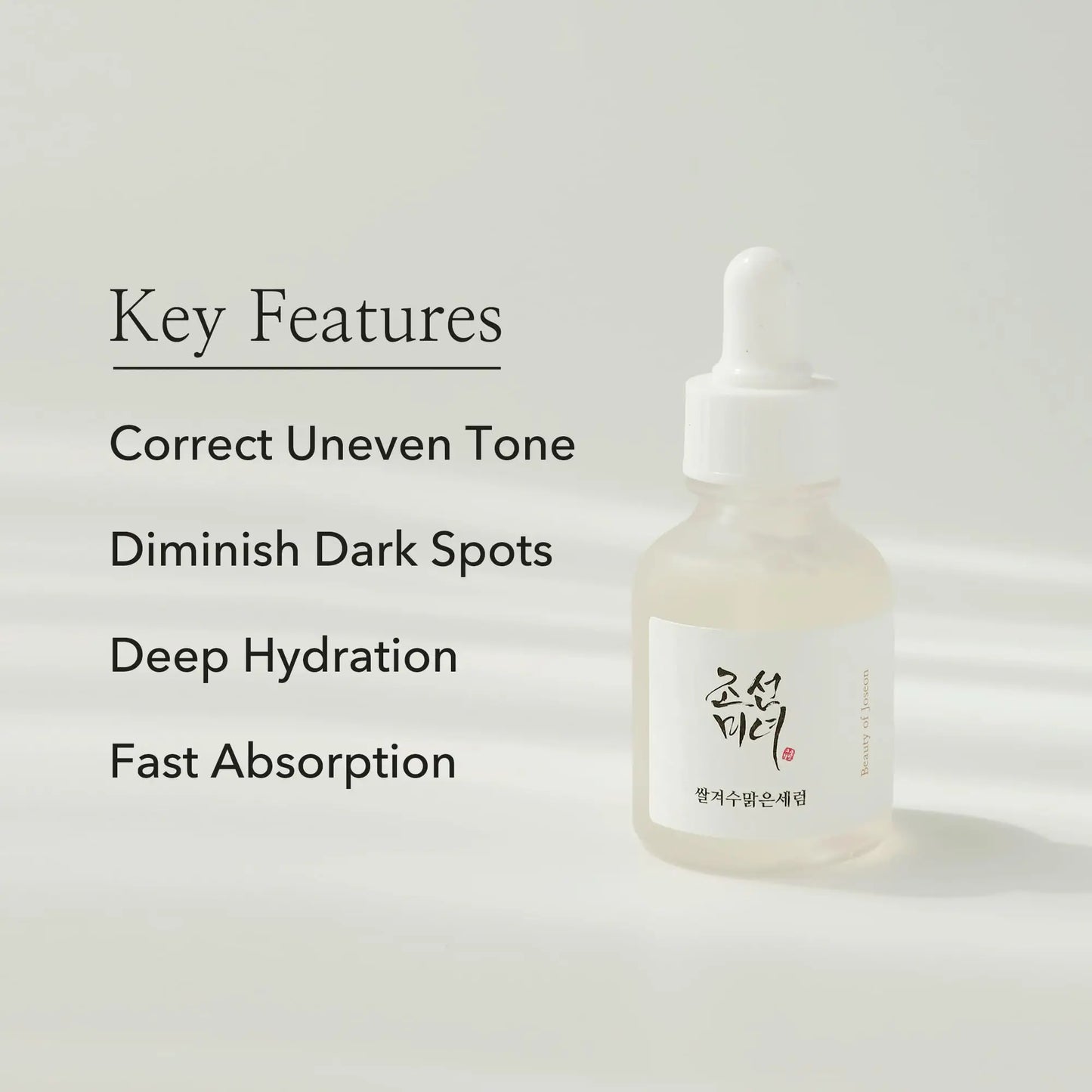 Beauty of Joseon Glow Deep Serum Rice + Alpha-Arbutin 30ml bottle alongside text highlighting key features: correct uneven tone, diminish dark spots, deep hydration, fast absorption.