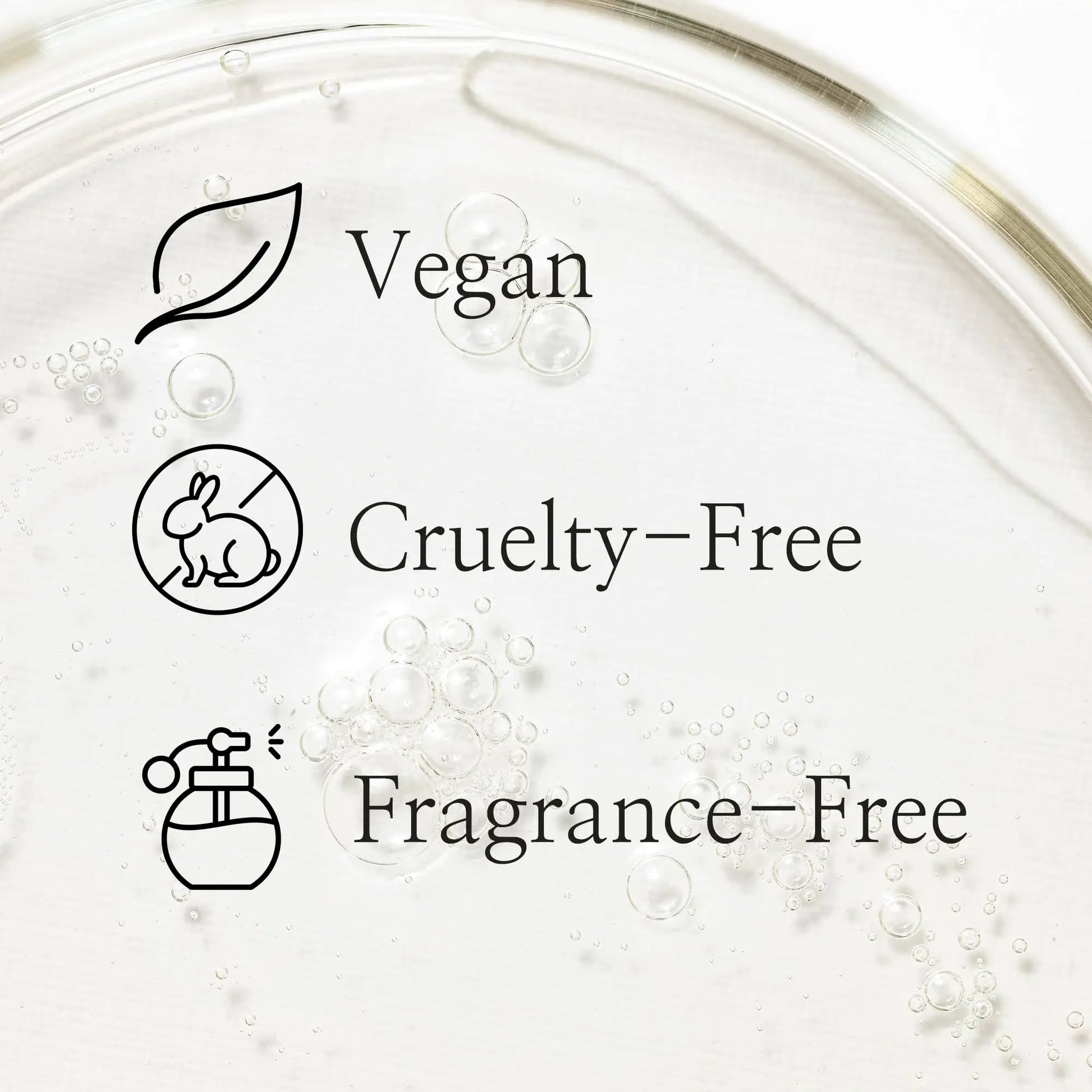 Clear serum texture with bubbles and icons highlighting vegan, cruelty-free, and fragrance-free features for Beauty of Joseon Glow Deep Serum Rice + Alpha-Arbutin 30ml.