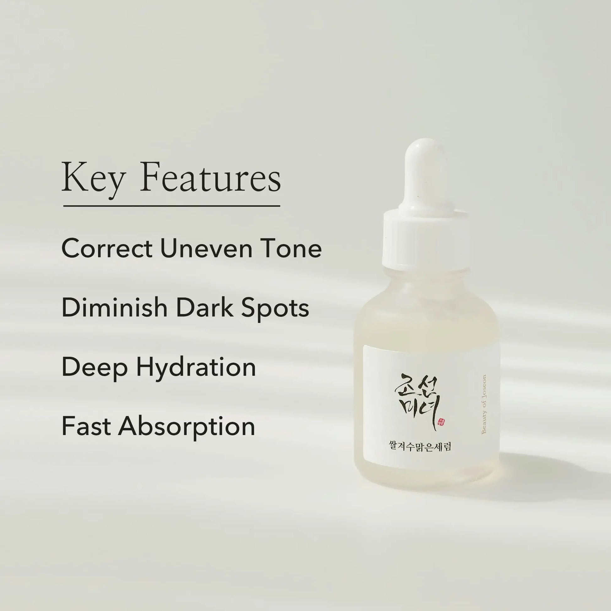Beauty of Joseon Glow Deep Serum Rice + Alpha-Arbutin 30ml bottle alongside text highlighting key features: correct uneven tone, diminish dark spots, deep hydration, fast absorption.