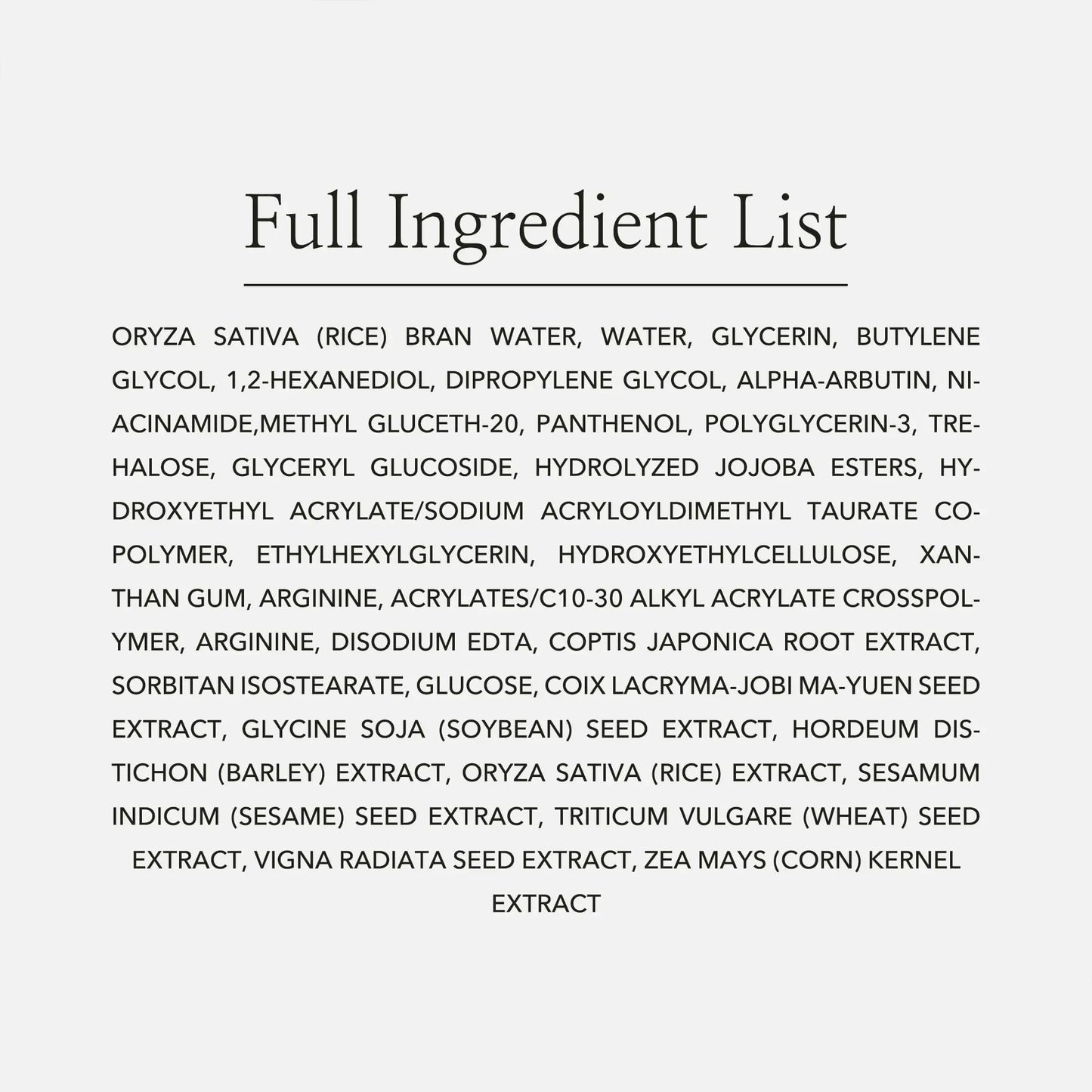 Full ingredient list of Beauty of Joseon Glow Deep Serum Rice + Alpha-Arbutin 30ml displayed on a plain white background in black serif font.