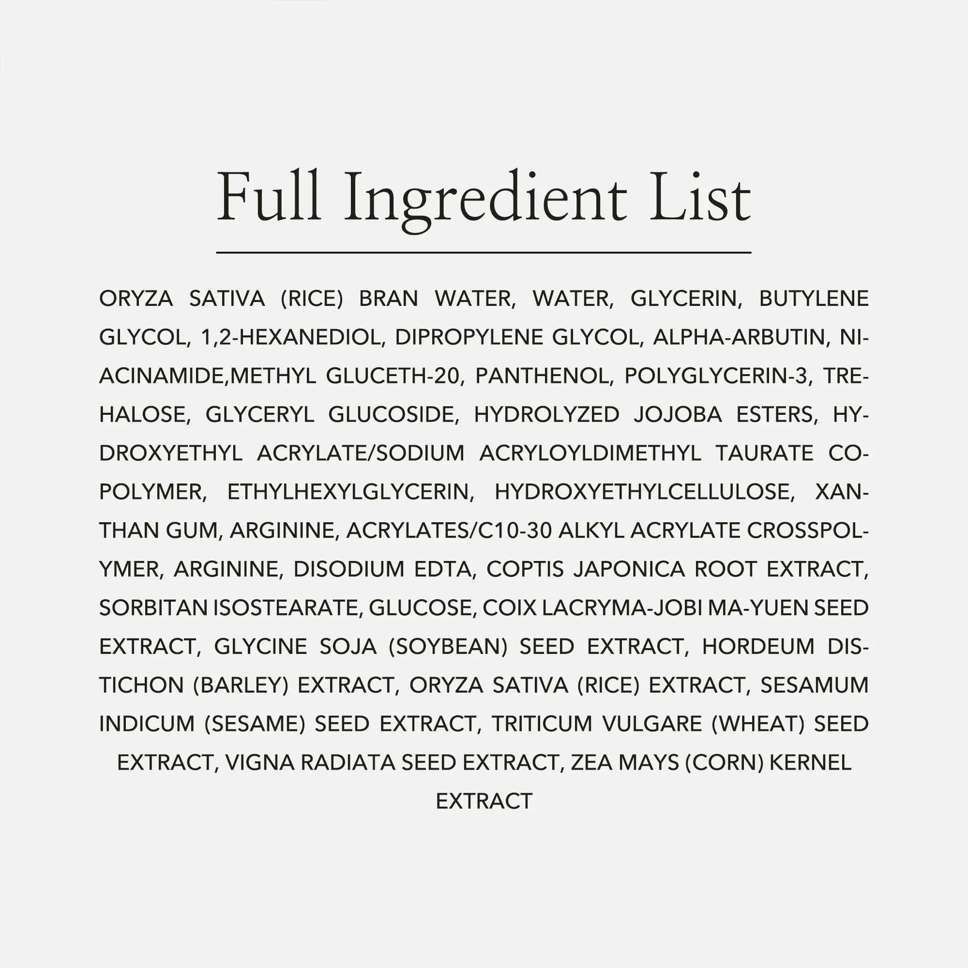 Full ingredient list of Beauty of Joseon Glow Deep Serum Rice + Alpha-Arbutin 30ml displayed on a plain white background in black serif font.