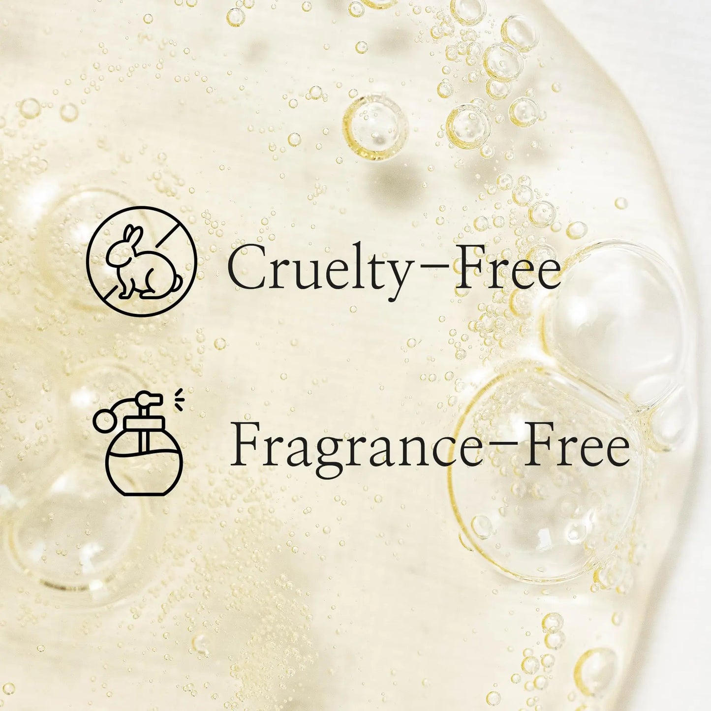 Close-up of translucent serum texture with bubbles highlighting cruelty-free and fragrance-free features for Beauty of Joseon Glow Serum Propolis and Niacinamide 30ml.