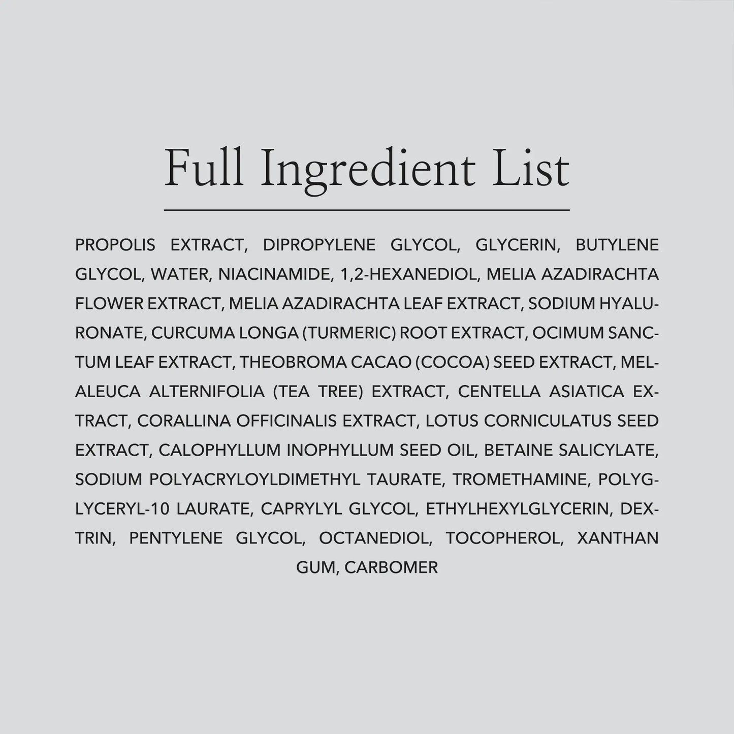 Full ingredient list for Beauty of Joseon Glow Serum Propolis and Niacinamide 30ml including propolis extract, niacinamide, turmeric root extract, tea tree, centella asiatica, cocoa seed extract, and other moisturizing and soothing agents.