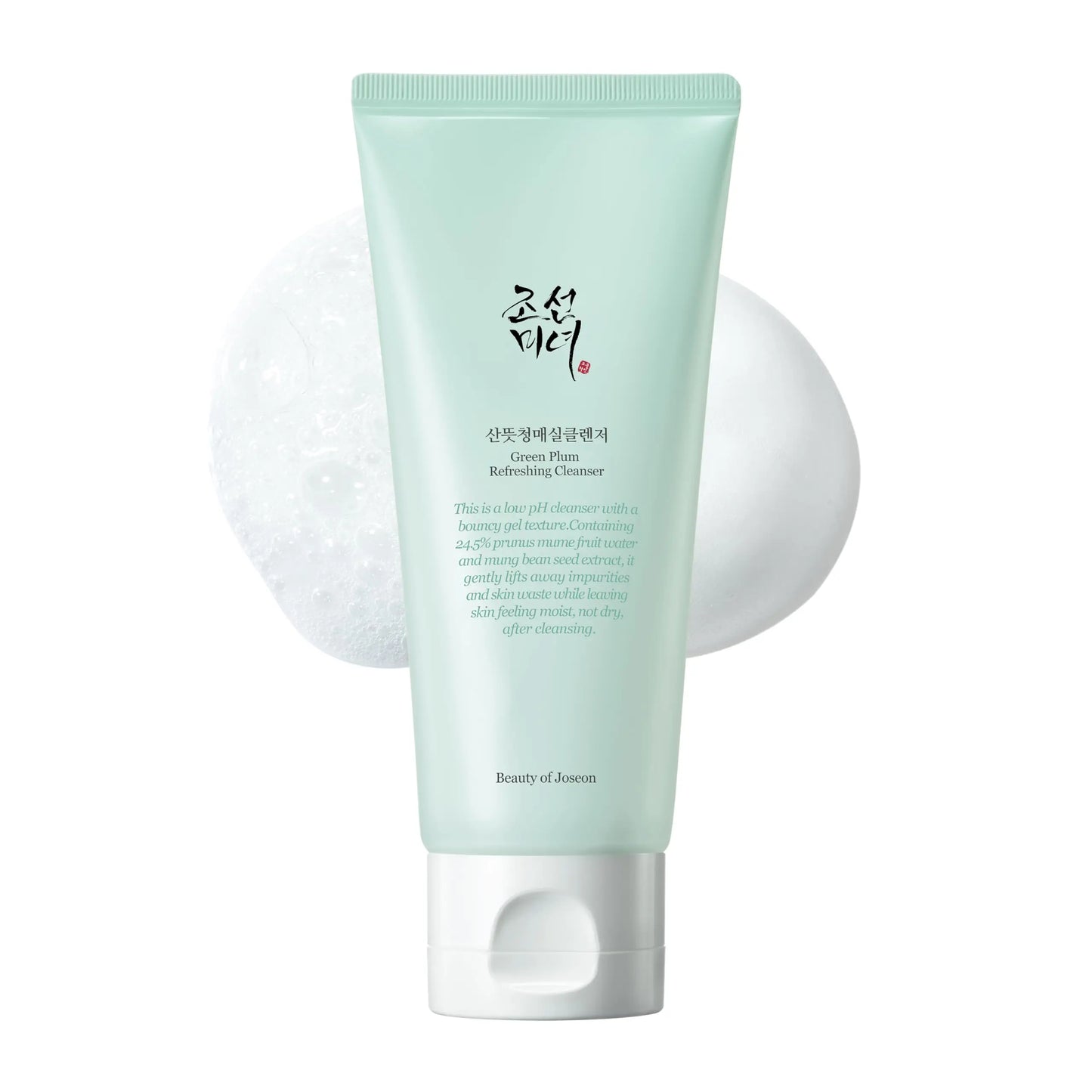 Beauty of Joseon Green Plum Refreshing Cleanser 100ml in a pastel green tube with white cap, shown with foamy cleanser texture and smooth cream on a white background