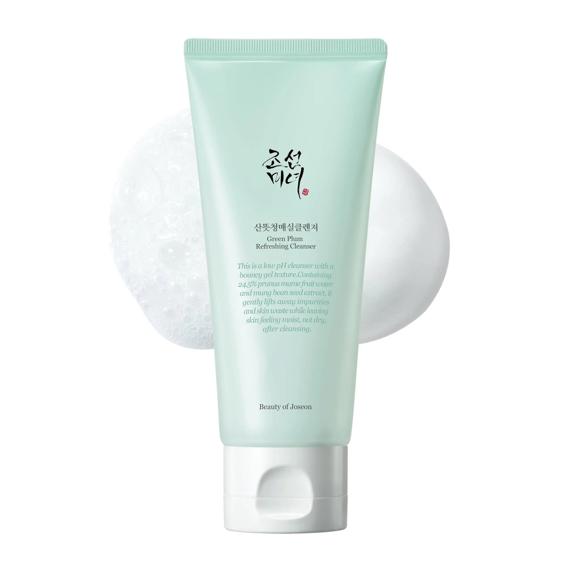 Beauty of Joseon Green Plum Refreshing Cleanser 100ml in a pastel green tube with white cap, shown with foamy cleanser texture and smooth cream on a white background
