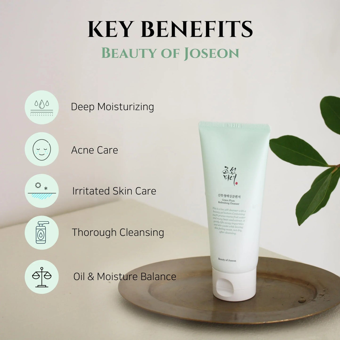 Beauty of Joseon Green Plum Refreshing Cleanser 100ml tube on a wooden plate with icons and text highlighting key benefits including deep moisturizing, acne care, irritated skin care, thorough cleansing, and oil moisture balance against a neutral background with green leaves.