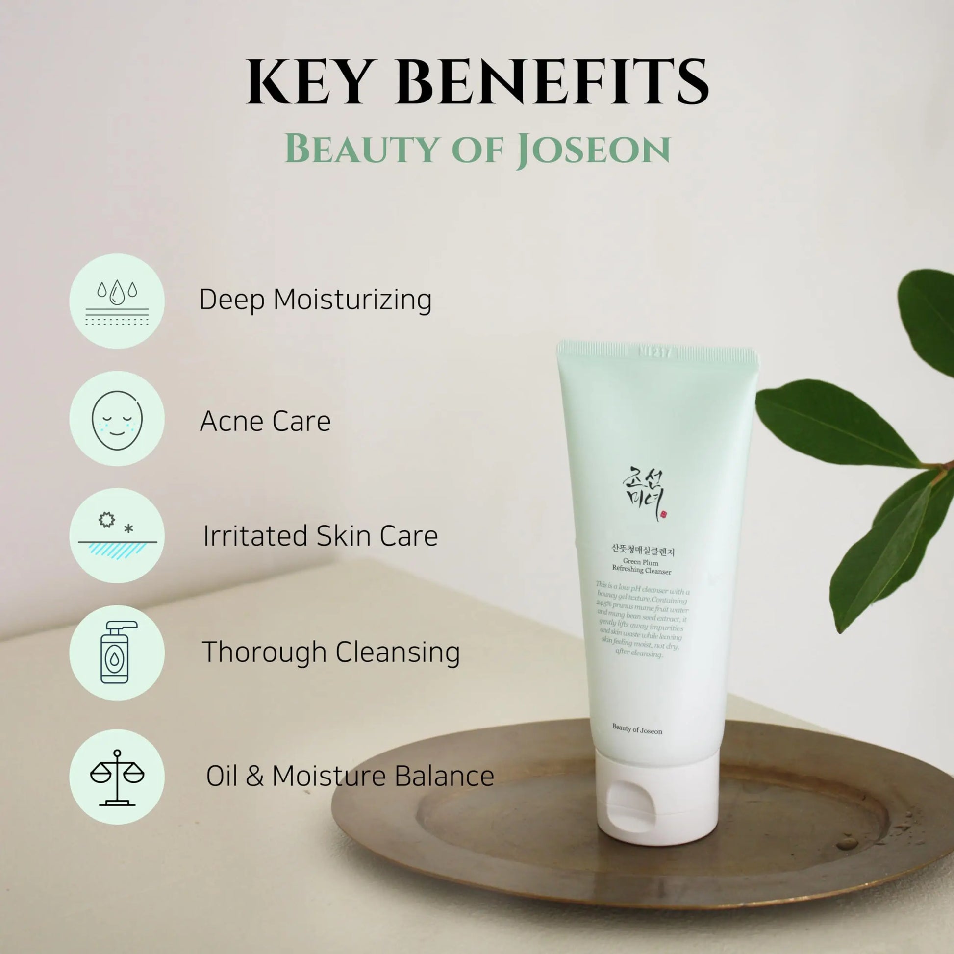 Beauty of Joseon Green Plum Refreshing Cleanser 100ml tube on a wooden plate with icons and text highlighting key benefits including deep moisturizing, acne care, irritated skin care, thorough cleansing, and oil moisture balance against a neutral background with green leaves.