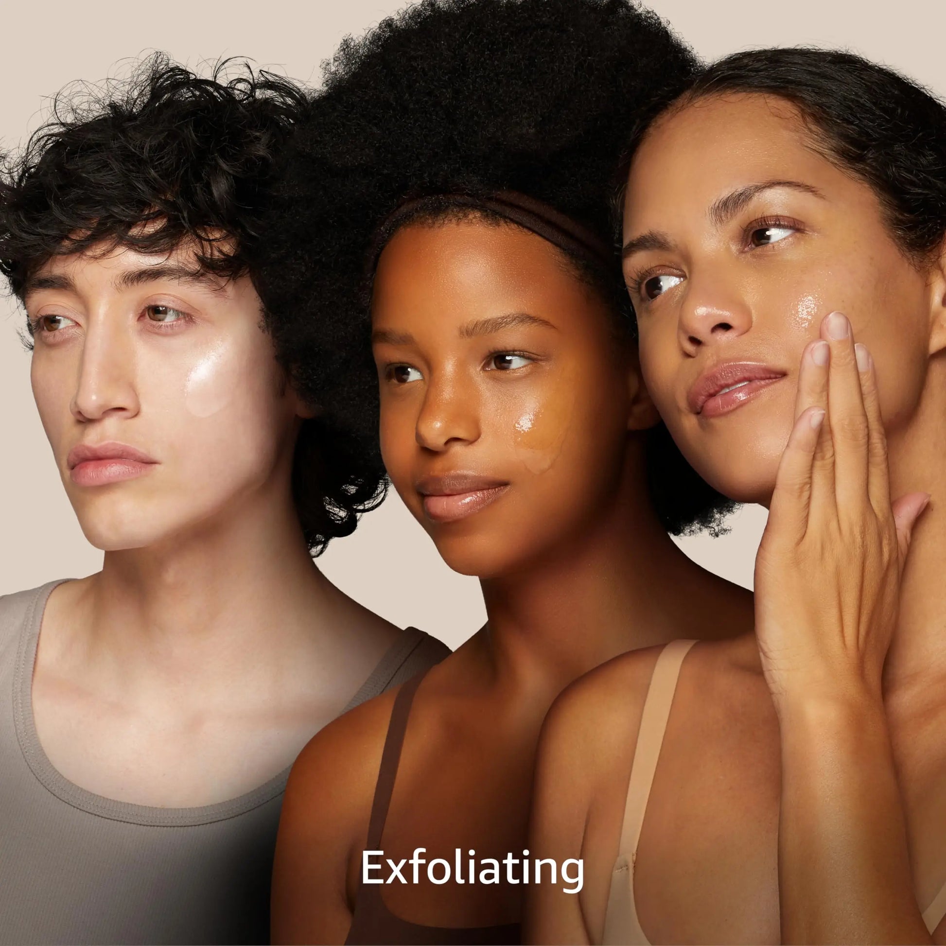Three diverse models with glowing skin apply a facial cleanser demonstrating the exfoliating effect of Beauty of Joseon Green Plum Refreshing Cleanser 100ml.