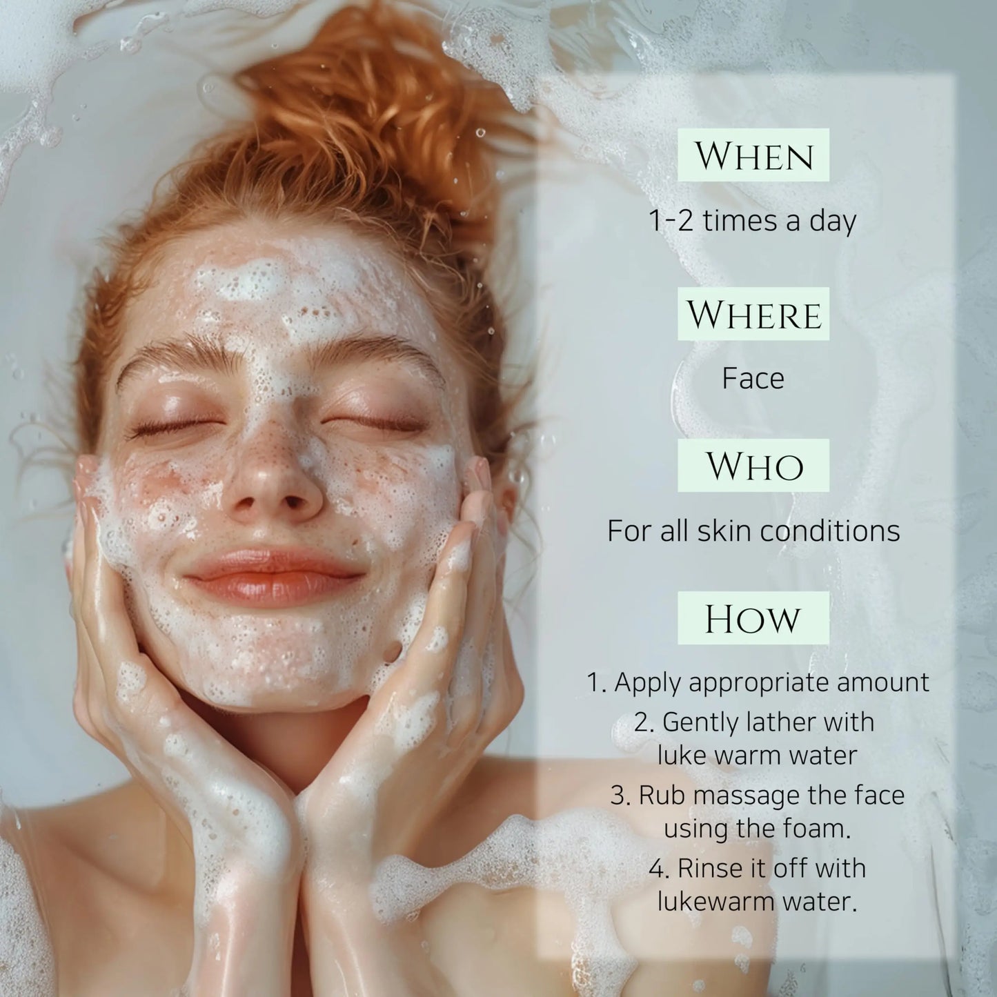 Woman with eyes closed gently cleansing face with foam, demonstrating use instructions for Beauty of Joseon Green Plum Refreshing Cleanser 100ml for all skin types.
