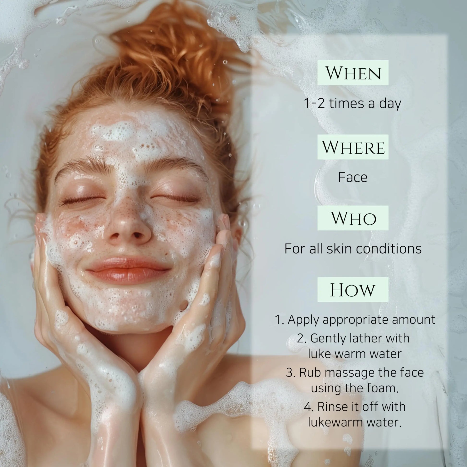 Woman with eyes closed gently cleansing face with foam, demonstrating use instructions for Beauty of Joseon Green Plum Refreshing Cleanser 100ml for all skin types.