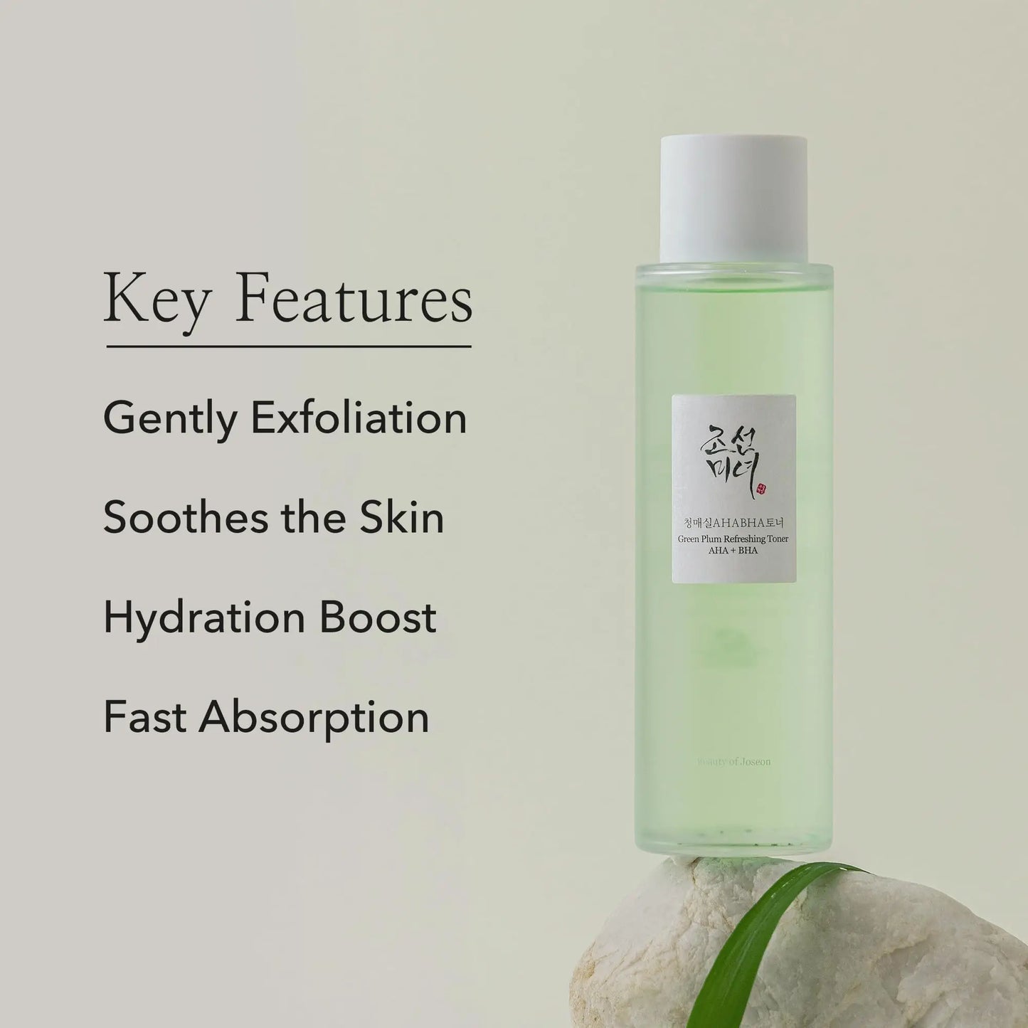 Beauty of Joseon Green Plum Refreshing Toner AHA BHA 150ml bottle on a stone with a green leaf, highlighting key features of gentle exfoliation, soothing skin, hydration boost, and fast absorption.