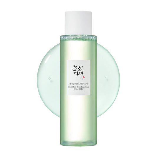 Beauty of Joseon Green Plum Refreshing Toner AHA BHA 150ml in a clear green bottle with white cap, shown with translucent toner texture in background for skin exfoliation and hydration.